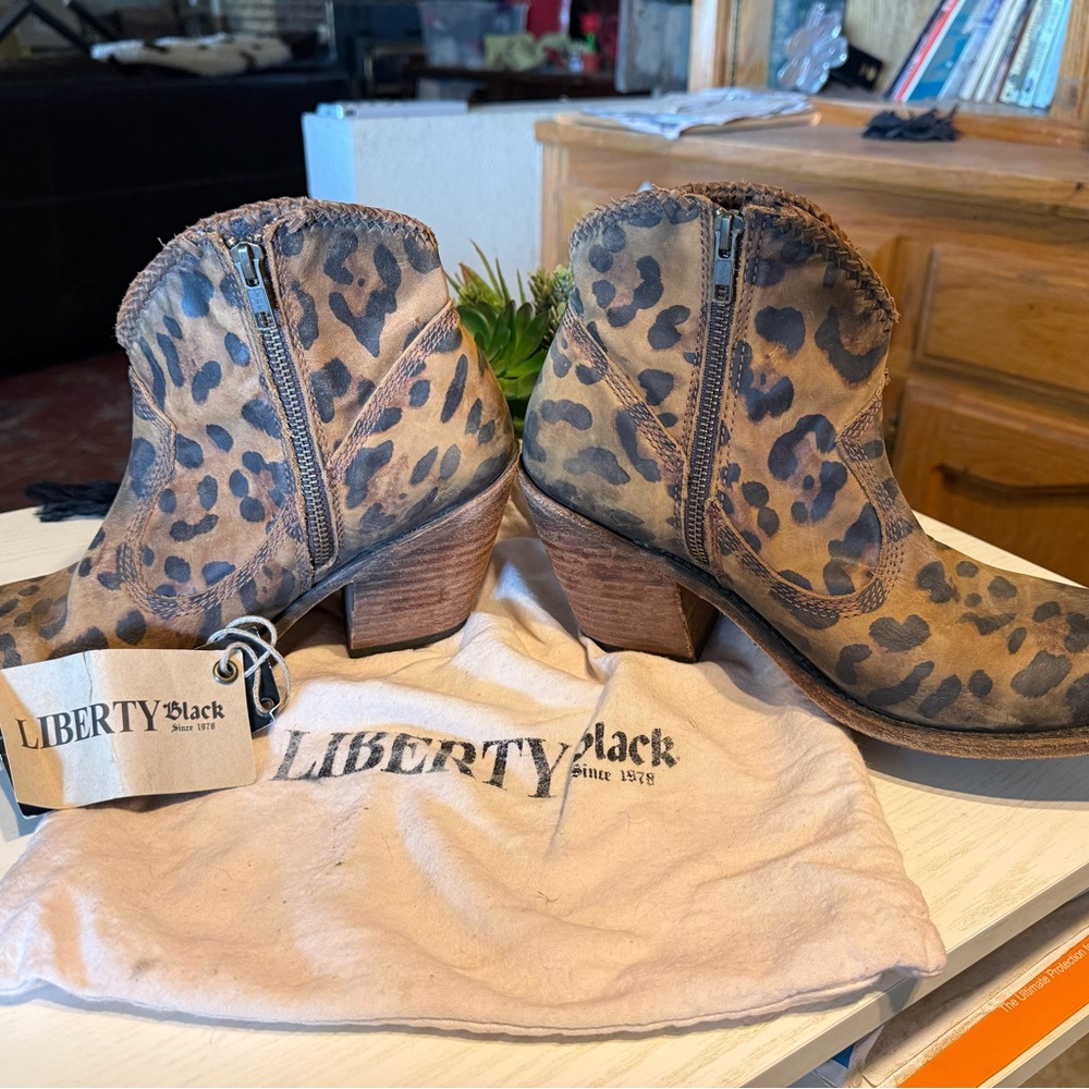 Liberty Black Leopard Print Fringe Ankle Boots - Picture 5 of 7